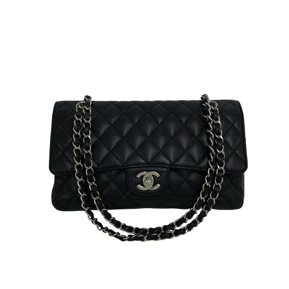 CHANEL Double Flap Matelassé Coco Mark Caviar Skin Shoulder Bag, Black, 32838